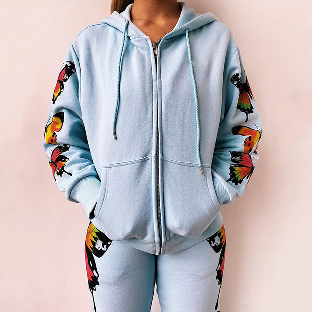 Fashion Butterfly Print Hooded Casual Sweatshirt Set