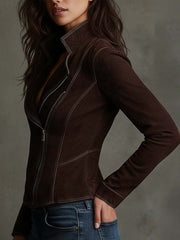Chocolate Brown Eco-Suede Moto Jacket