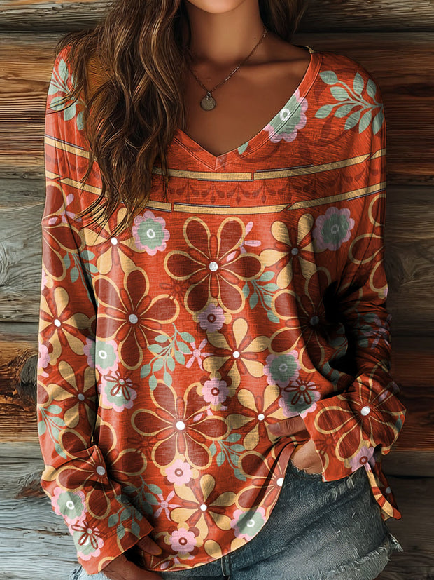 Women's Hippie Flower Power Art Pattern Print Casual V-neck Long Sleeve T-shirt