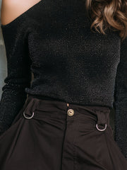 Chic Black Shimmery Knit Cold Shoulder Glitter Top