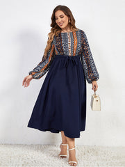 Plus Blue Floral Printed Lantern Sleeve Dress