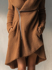Polar Fleece Large Lapel Diagonal Placket High-low Hem Coat