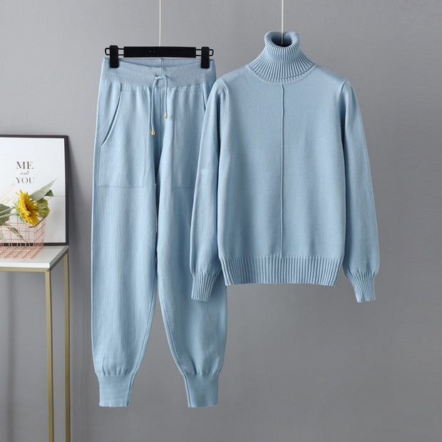 Turtleneck solid color sweater knitted two-piece set