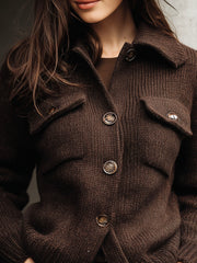 Brown Wool Blend Button-Up Knit Sweater Jacket With Front Pockets