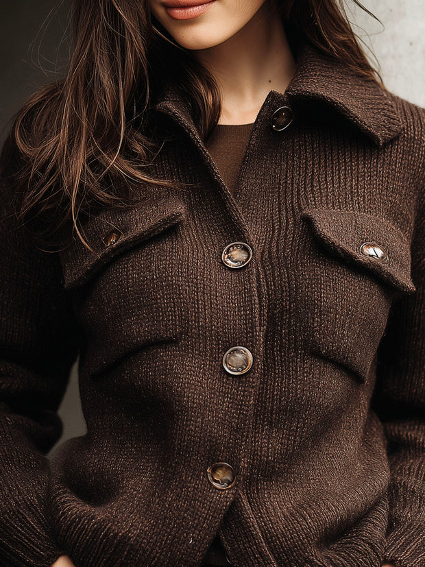 Brown Wool Blend Button-Up Knit Sweater Jacket With Front Pockets