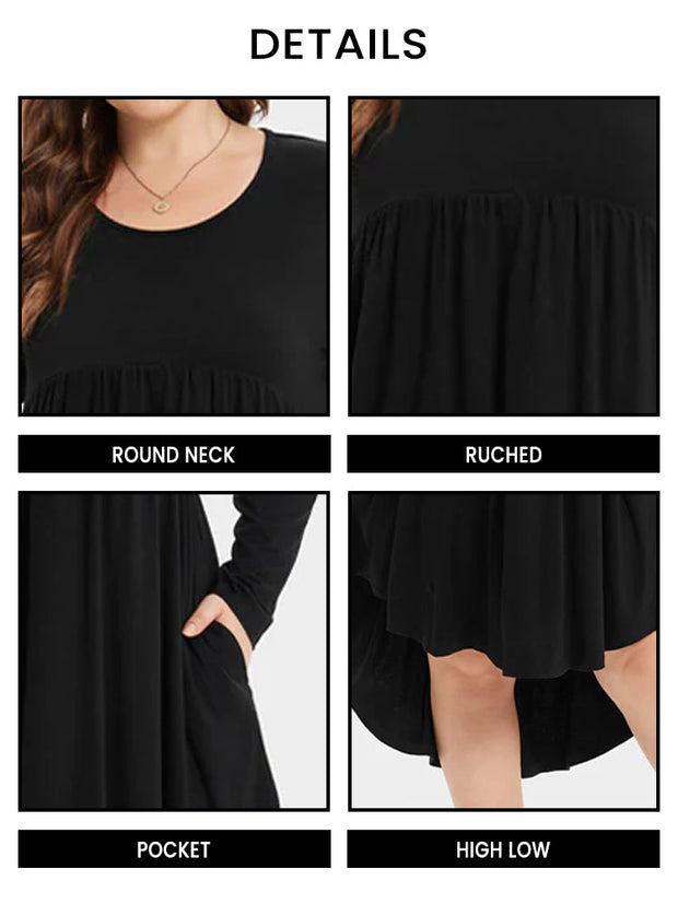 Round Neck Pocket Ruched High Low Midi Dress