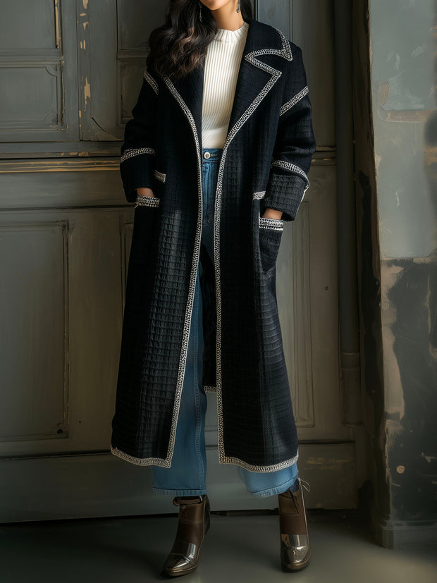 Elegant Textured  Quilted Contrast Trim Long Coat With Pockets