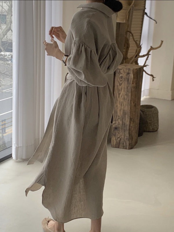 Lantern Long Sleeved Solid Color Waist Shirt Maxi Dress