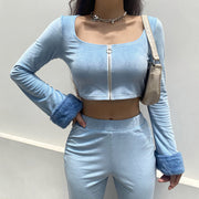 Cropped top zipper slim suit