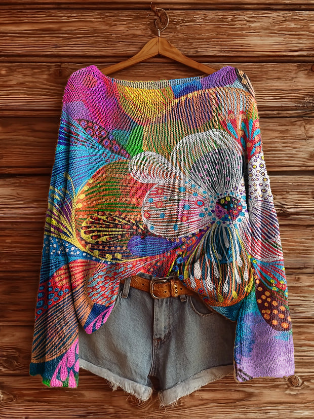 Women's Colorful Floral Art Print Casual Pullover Sweater
