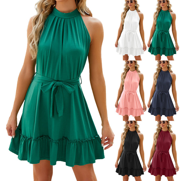 Solid Color Halter Tie Waist Short Dresses