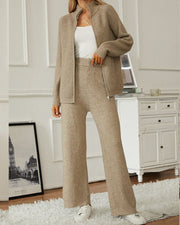 Zipper lapel knitted cardigan + wide-leg pants