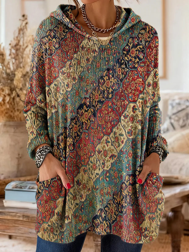 Women's Retro Ethnic Art Print Casual Long-Sleeved Hooded Cotton Knit Sweater
