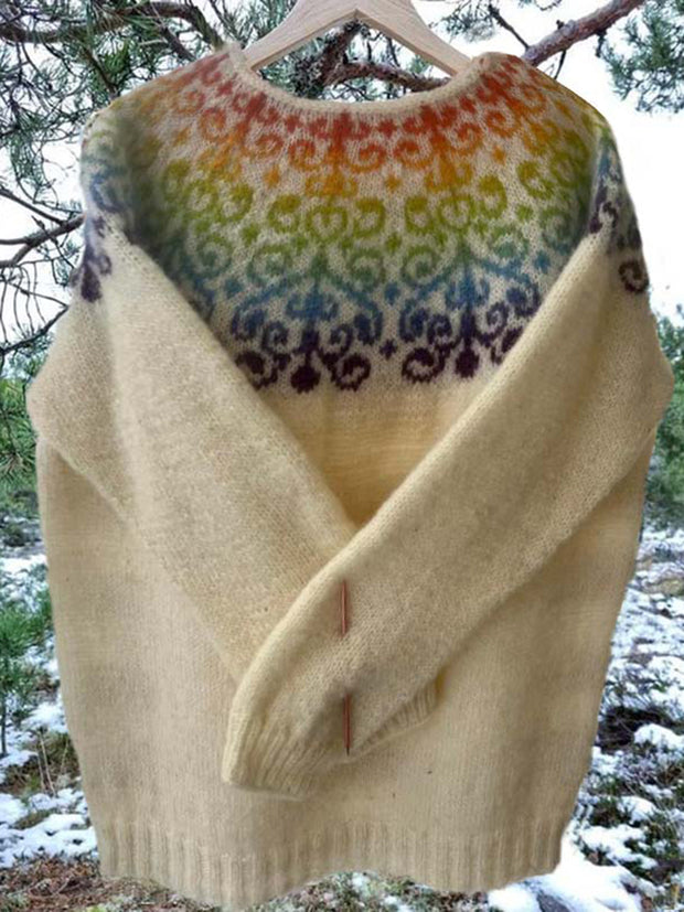 Unisex Vintage Icelandic Rainbow Knit Jacquard Warmth Crew Neck Sweater