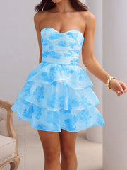 Strapless ruched tiered mini dress