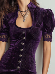 Retro Elegant Purple Striped Velvet Slim Midi Dress
