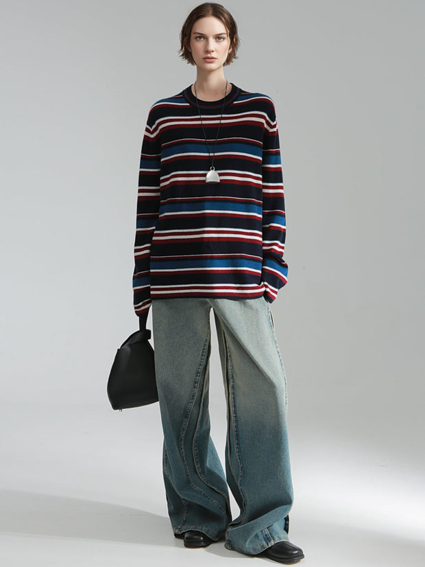 Wide Stripe Wool Knit Sweater for Women – Soft and Cozy Round Neck Pullover for Autumn/Winter