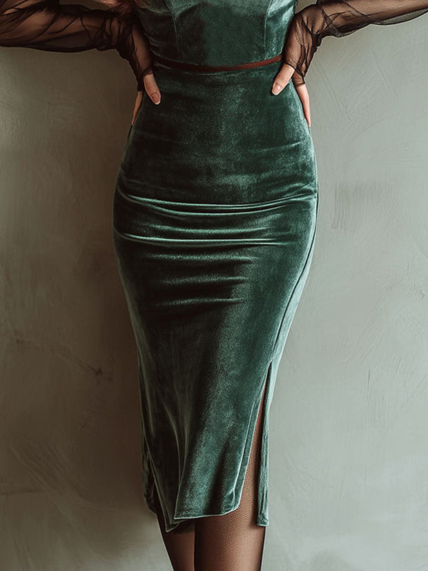 Emerald Velvet Sheer Mesh Sleeves Bodycon Midi Dress With Side Slit