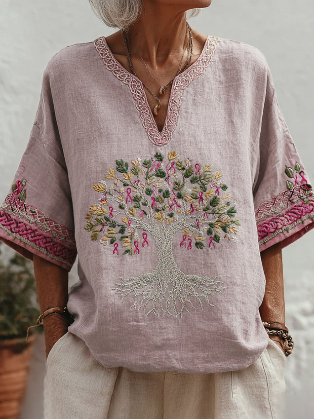 Women's Tree Of Life Pink Ribbon Small V Neck T-shirt