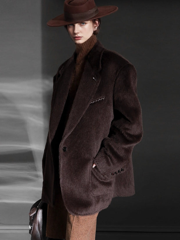 Luxury Suri Baby Alpaca Wool Coat for Women – Tailored Blazer Collar Winter Jacket, Elegant Wool & Fur-Blend Outerwear