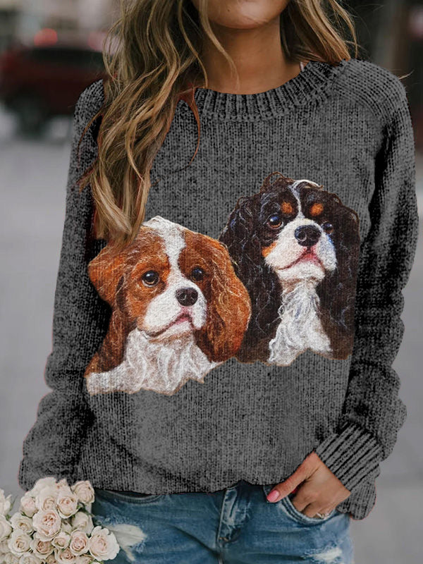 Cute Dogs Felt Art Crew Neck Cozy Knit Sweater