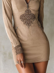 Vintage Beige Zip-Up Embroidered Microsuede Mini Dress With Pockets