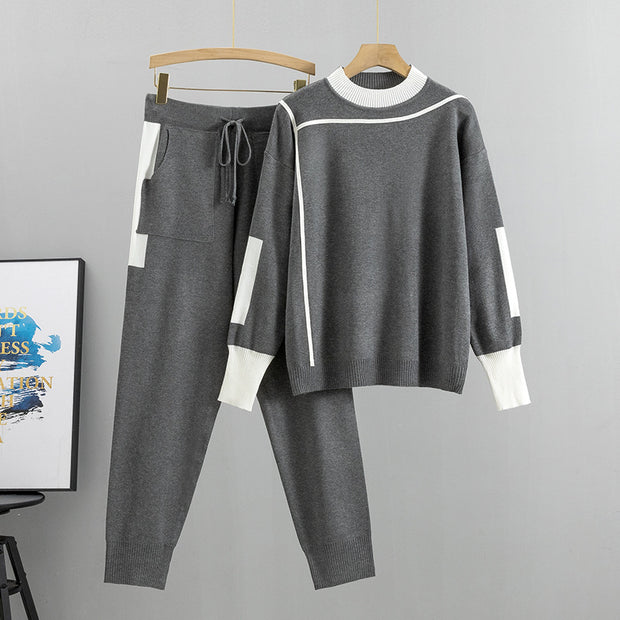 Colorblock casual knitted two-piece set