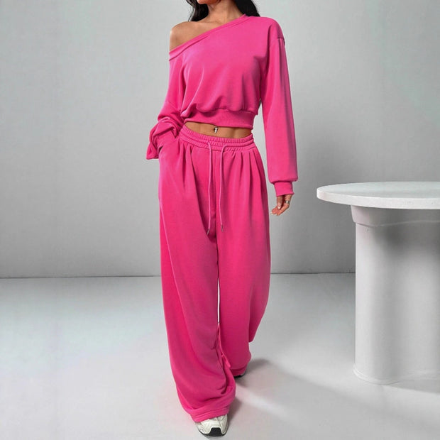 Fashion Slim-fit Off-the-shoulder Navel Solid Color Casual Pants Suit