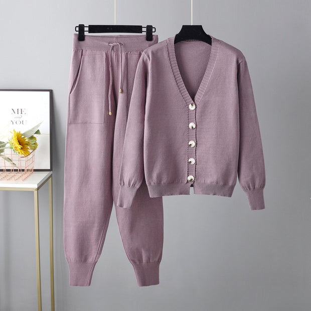 V-neck Cardigan Sweater Harem Pants Two-pieces Set