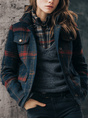 Stylish Navy Plaid Wool Jacket