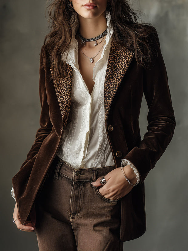 Retro Velvet Leopard Print Patchwork Jacket