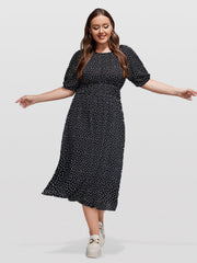 Plus Polka Dot Round Neck Puff Sleeve Midi Dress