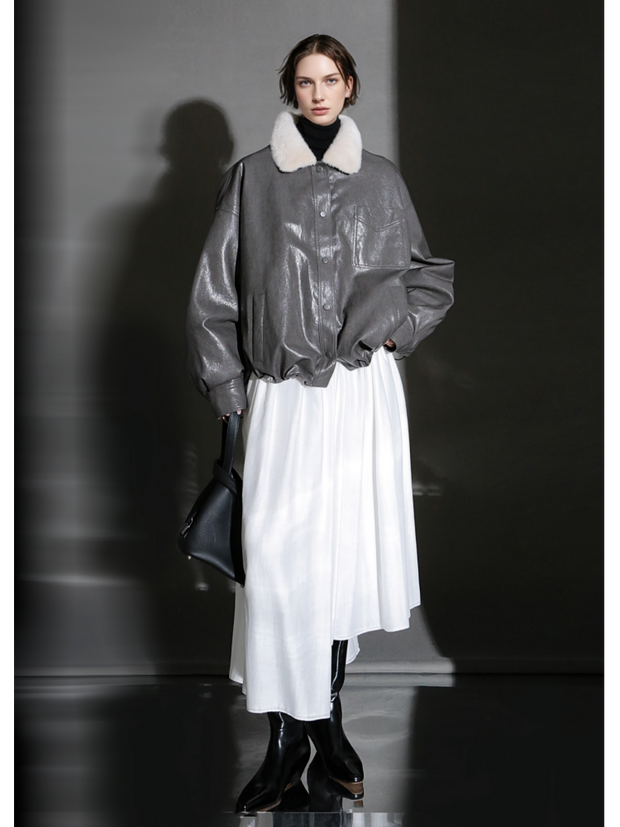 Luxury Sheepskin Down Jacket – Short Oil-Wax Leather Coat with Mink Fur Collar & Goose Down Fill, Winter Outerwear