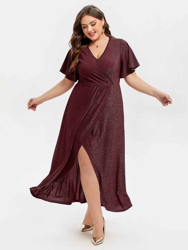 V-Neck Ruffle Sleeve Split Glitter Maxi Dress