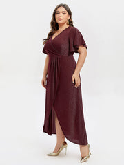 V-Neck Ruffle Sleeve Split Glitter Maxi Dress