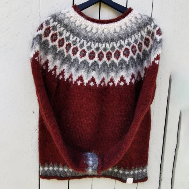 Unisex Vintage Red Icelandic Knit Jacquard Warmth Crew Neck Sweater