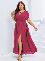 V-Neck Dolman Sleeve Ruched Split Pocket Maxi Dress