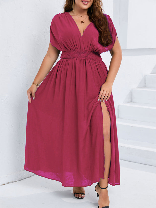 V-Neck Dolman Sleeve Ruched Split Pocket Maxi Dress