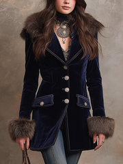 Vintage Faux Fur Collar Polyester Velvet Jacket