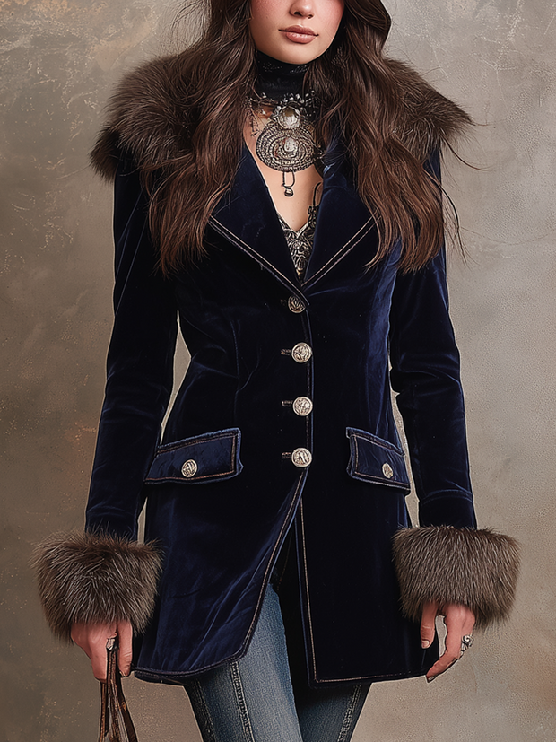 Vintage Faux Fur Collar Polyester Velvet Jacket