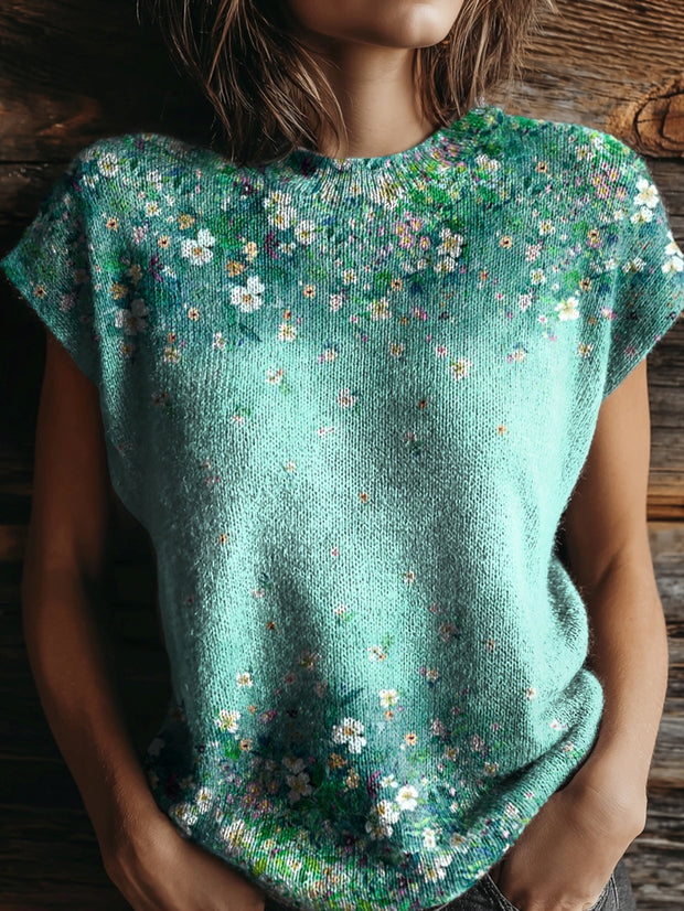 Women's Floral Tattoo Pattern Art Print Casual Crew Neck Short Sleeve Knit Sweater