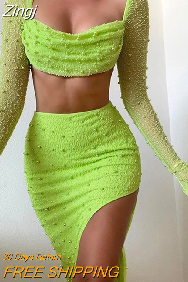 2023 Fall Ladies Solid 2 Piece Sexy Beaded Long Sleeve Short Top Tight Long Dress Sexy Club Celebrity Party Set