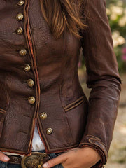 Vintage Brown Stand-up Collar Contrasting Edge Slim Fit Textured PU Jacket