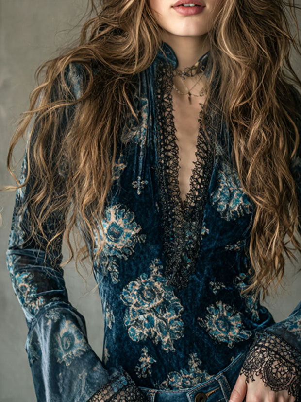 Retro Blue Floral  Velvet Lace Blouse With Bell Sleeves