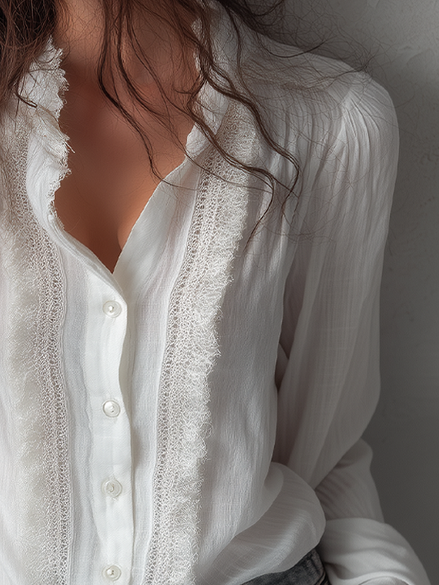 Vintage Lace Trim Long Sleeve Cotton Blouse