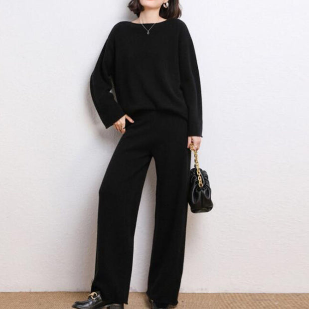 Ladies high waist wide leg pants solid color knitted suit