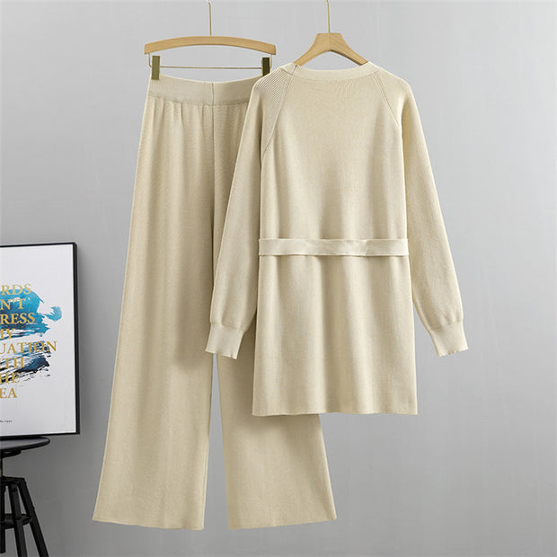 V-neck knitted cardigan jacket wide-leg pants two-piece set