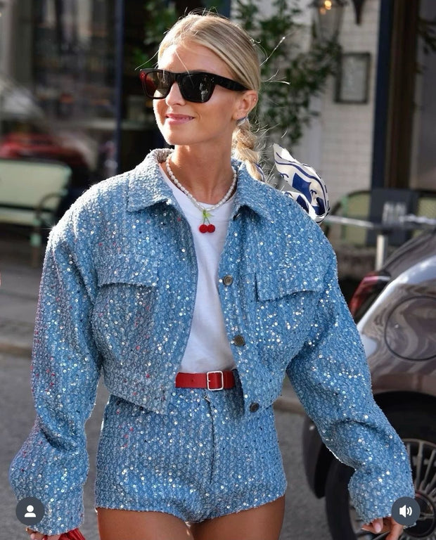 Women's Denim Sequined Jacket & Short Two-Piece Set