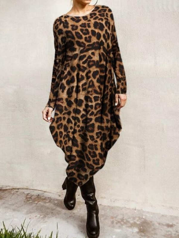 Leopard Printing Round Neck Long Sleeves Irregular Hem Loose Midi Dress