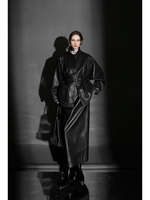 Chic Oversized Leather Jacket for Women – Premium Lambskin Commuter Coat with Large Pockets, Autumn Fashion